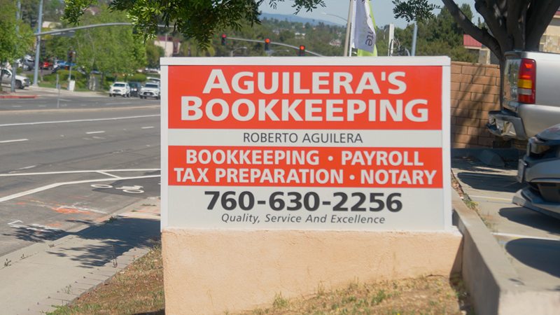 Aguilera's Bookkeeping roadside sign at the Vista main office